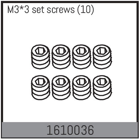 Absima 1610036 Set Screws M3x3mm (10) 1 Absima 1610036 Set Screws M3x3mm (10)