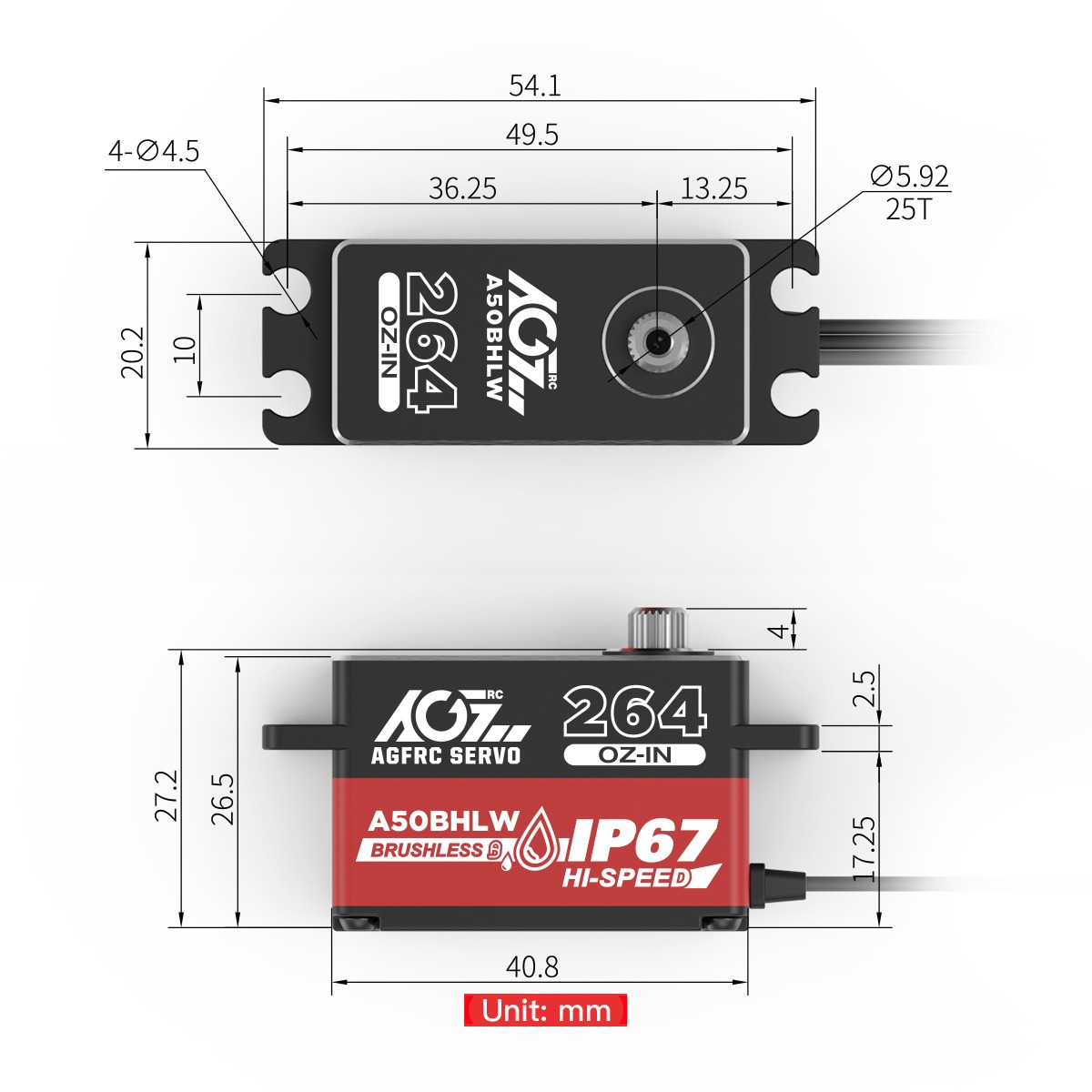 AGFRC A50BHLW (19kg/0,073s/8,4V) Veekindel madal servo 5 AGFRC A50BHLW (19kg/0,073s/8,4V) Veekindel madal servo