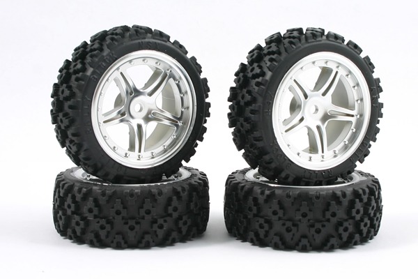 Fastrax 1/10 Rally Block Reifen auf Touring 5-Speichen Felge - (4) Chrom 1 Fastrax 1/10th Rally Block Tire on Touring 5-Spoke Wheel - (4) Chrome