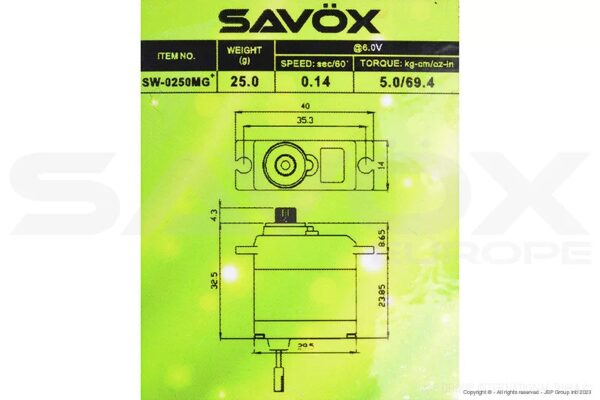 Savöx SW-0250MG WP (5.0kg/0.11s/6.0v) Servo
