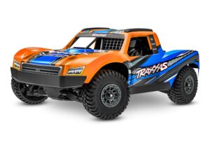 Traxxas mini slash BL-2s 4x4 remote control car orange-blue color mini size front left view