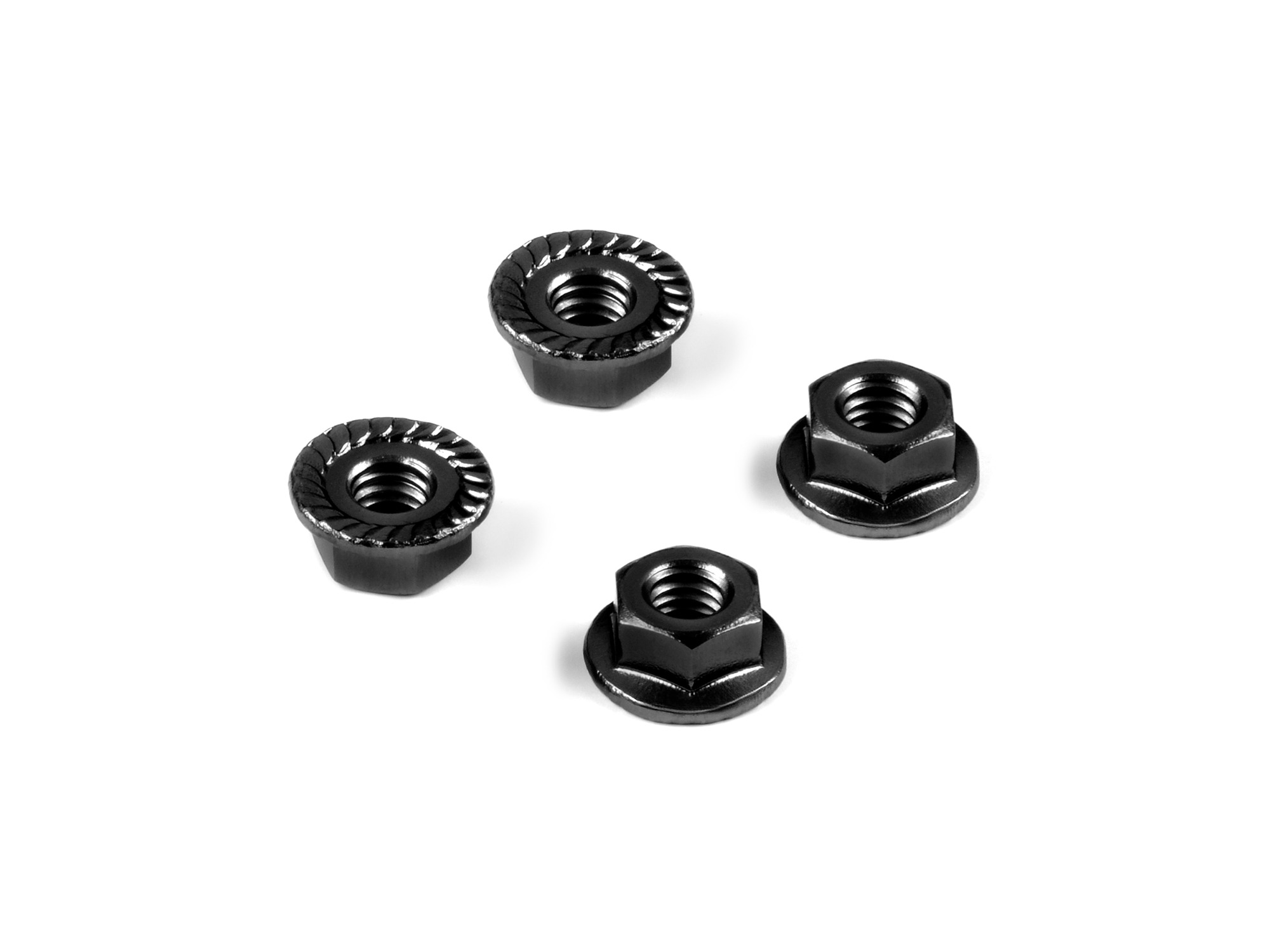 Alu-Mutter M4 mit gezahntem Flansch – Schwarz (4) 1 Alu Nut M4 with Serrated Flange - Black (4)