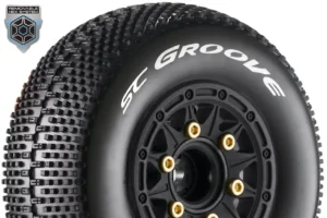 Louise RC - SC-GROOVE - 1-10 Short Course Tire Set - Mounted - Soft - Black Wheels - Removable 1-10 SC Hex - 12, 14, 17mm - L-T3146SB