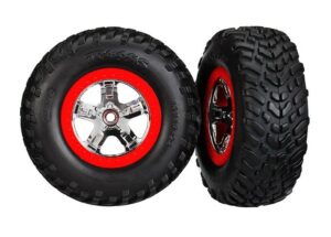 Traxxas Slash Tires (2) - Red/Chrome rims - Offroad tires - TRX5887R