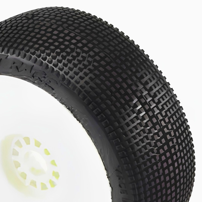 Hot Race AMAZZONIA Clay Hard (2) - 1:8 Buggy Pre-Glued Wheels - White rims 2 Black tire with textured surface