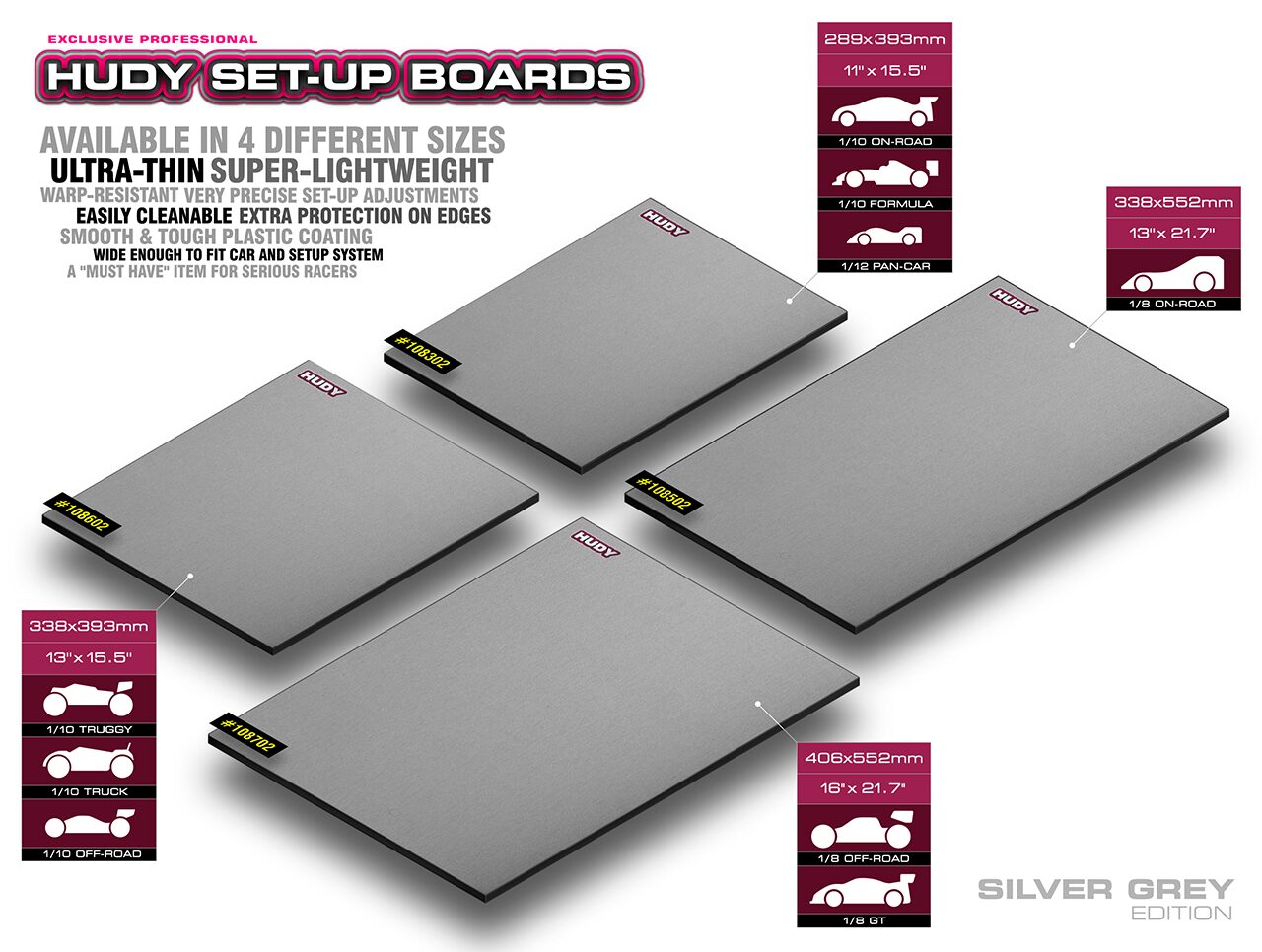 Set-Up Board 1/8 On-Road - Lightweight - Silver Grey - Hudy