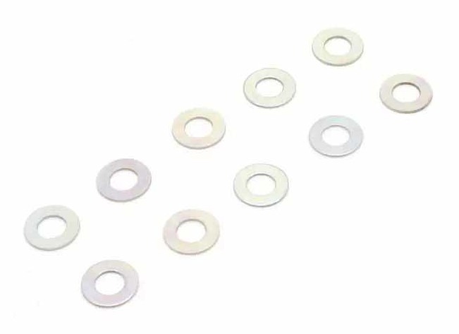 Ten circular metal washers arranged neatly