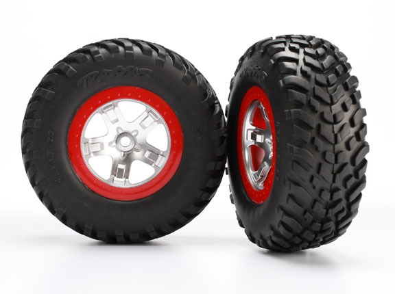 SCT Satin Chrome & Red Wheels & S1 Compound Tires (2) - Traxxas 5873R
