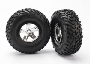 SCT Satin Chrome & Black Wheels & Off-Road Tires (2) - Traxxas 5873X