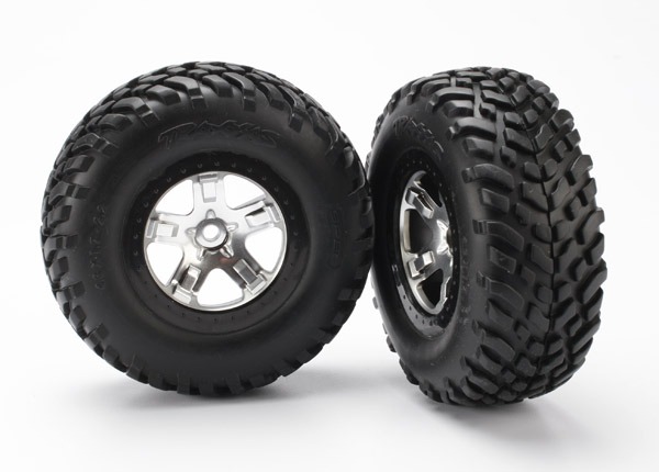 SCT Satin Chrome & Black Wheels & Off-Road Tires (2) - Traxxas 5873X