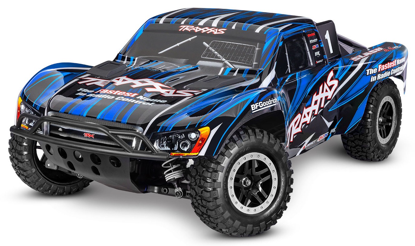 Blue remote-controlled short course truck