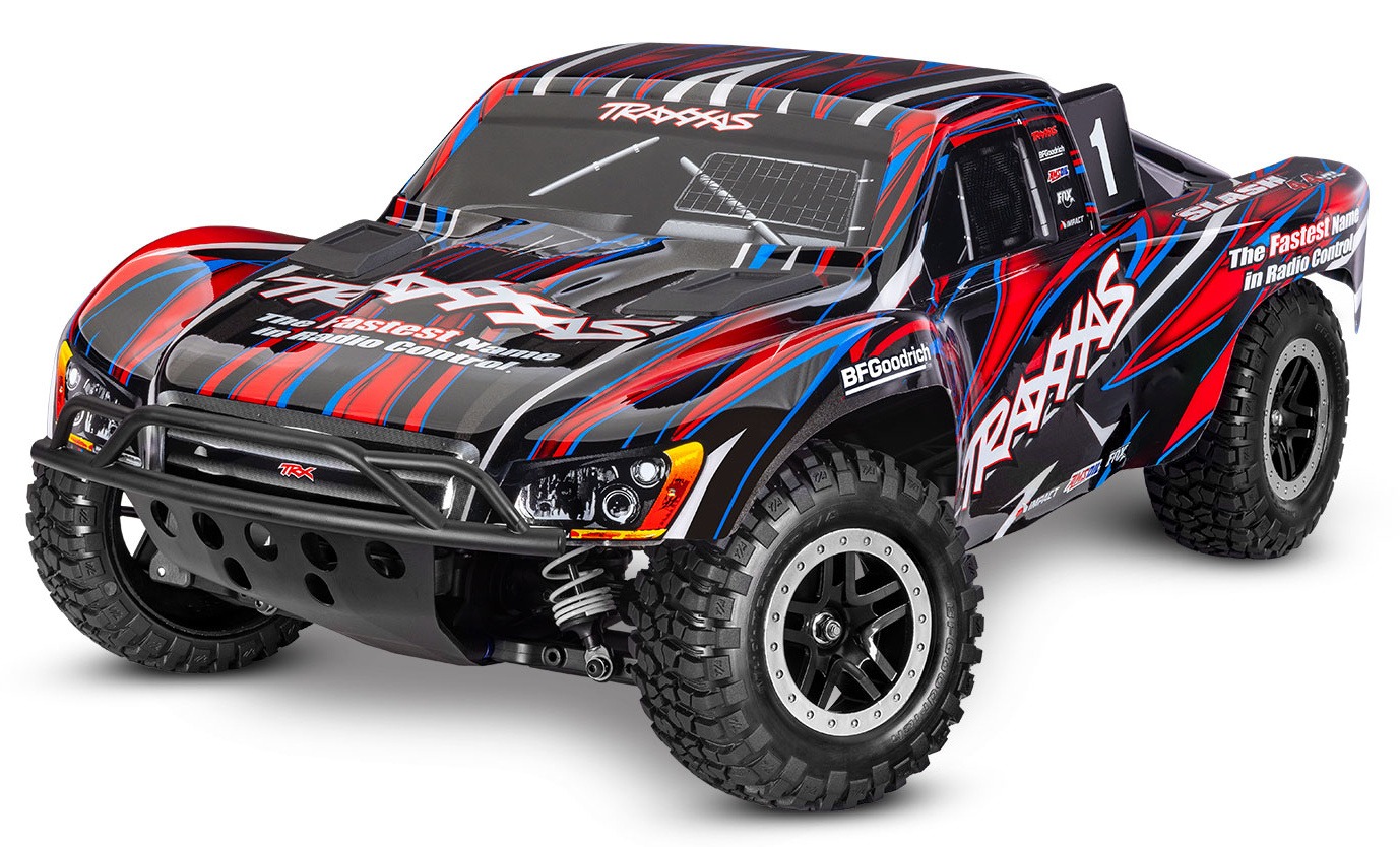Red and black remote control truck