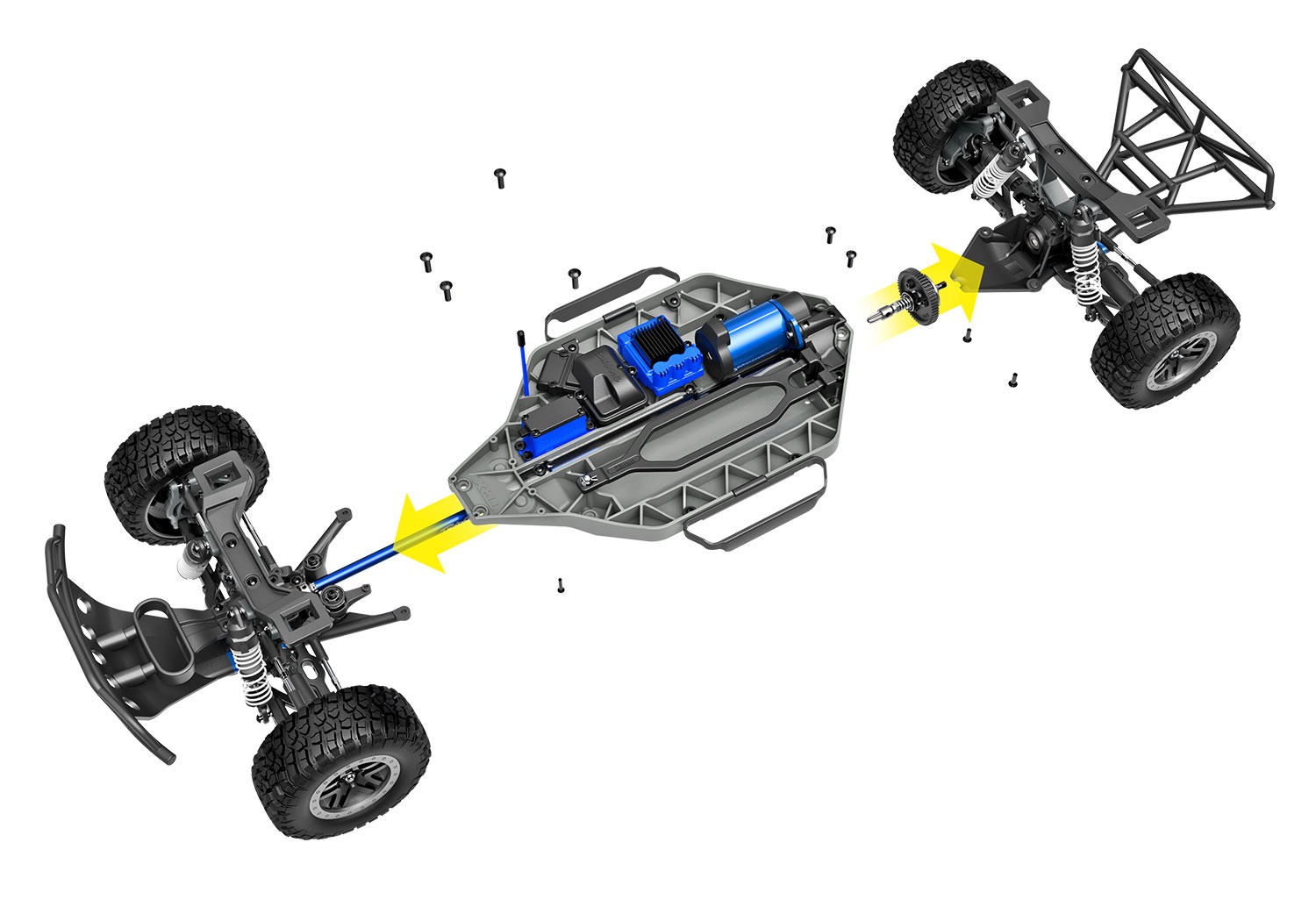 Exploded view of RC car components.