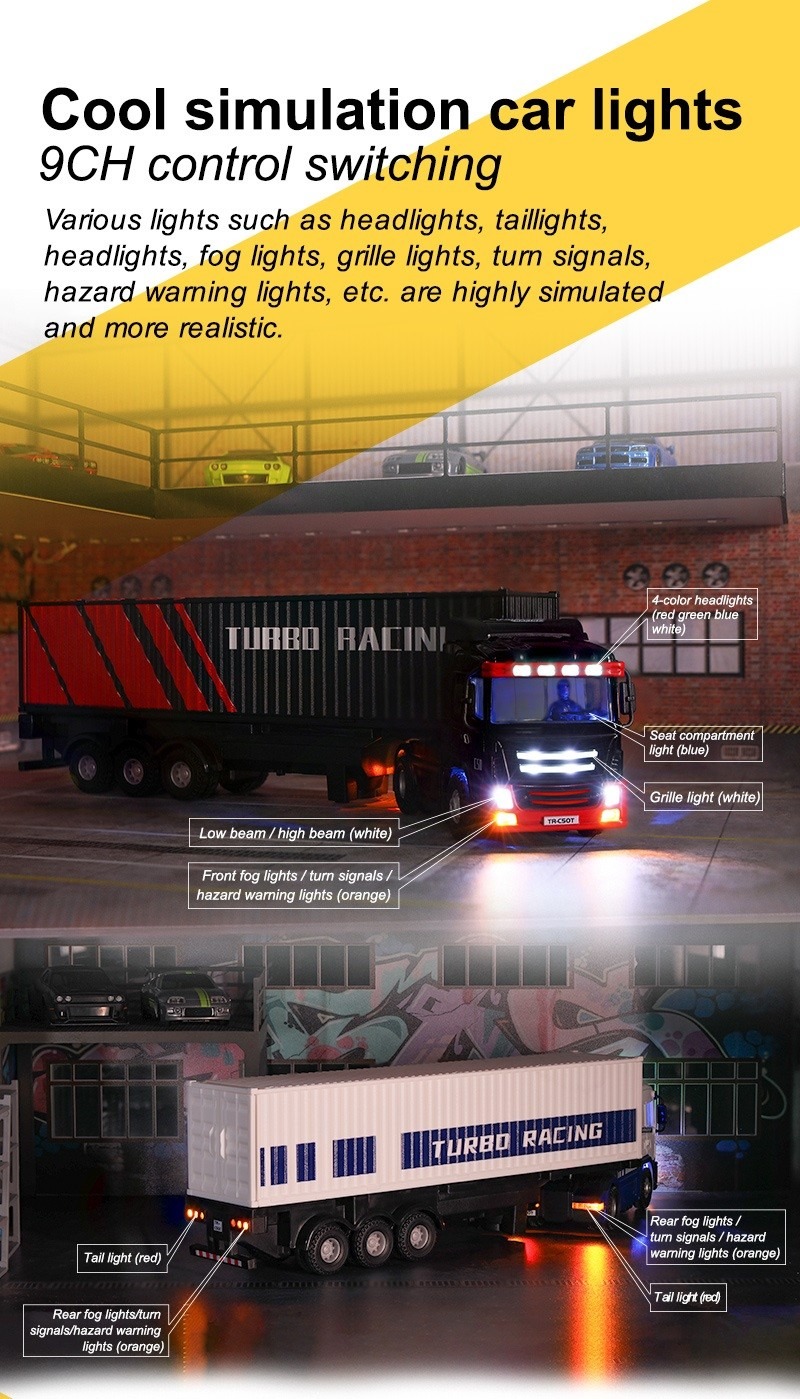 Turbo Racing C50 1:76 Semi-Truck koos Traileriga RTR - Must 7 Turbo Racing C50 1:76 Semi-Truck with Trailer RTR - Black