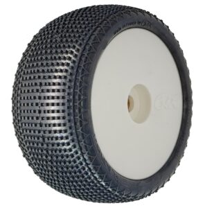 Truggy tire with textured surface. 6Mik Rapid-T CS compound 1:8 Truggy tyres glued on white wheels