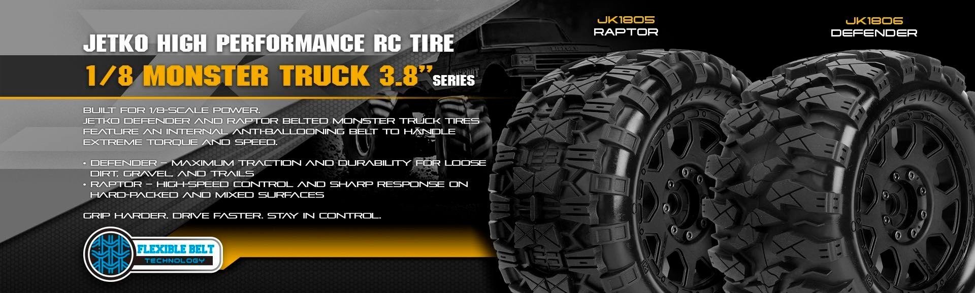 Jetko EX MT Raptor Belted 3.8" Monster Truck Tyres & Wheels – 17mm / TRX17 / TRX12 Black (2) 3 Jetko EX MT Raptor Belted 3.8" Monster Truck Tyres & Wheels - 17mm / TRX17 / TRX12 Black (2)