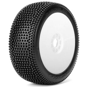 Jetko Block In Soft 1:8 Buggy pre-glued tyres with white rims - JK1002SRW